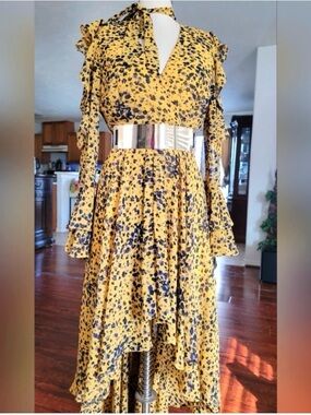 Nasty Gal Yellow Floral High-Low Ruffled Cold-Shoulder Dress
